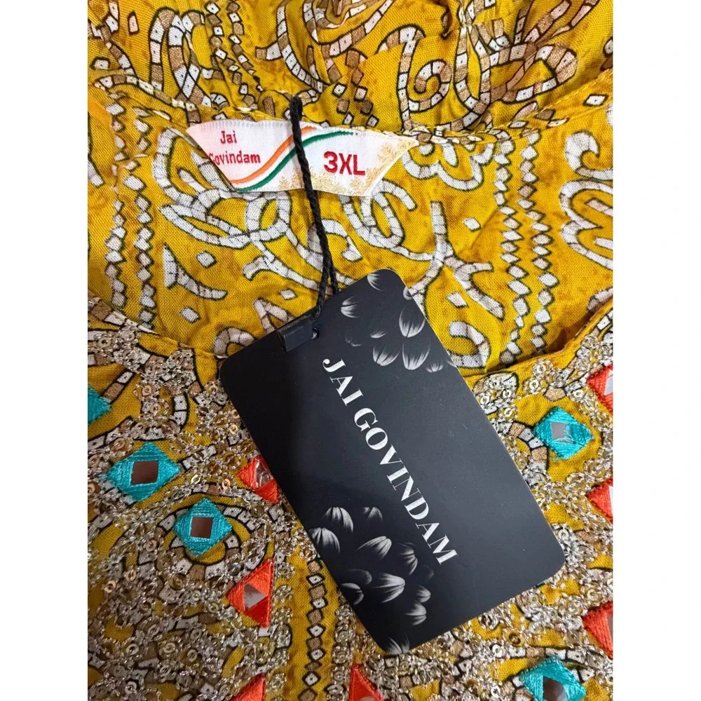 NWT 3XL Jai Govindam Mustard Yellow Embroidered Rayon Anarkali Kurti